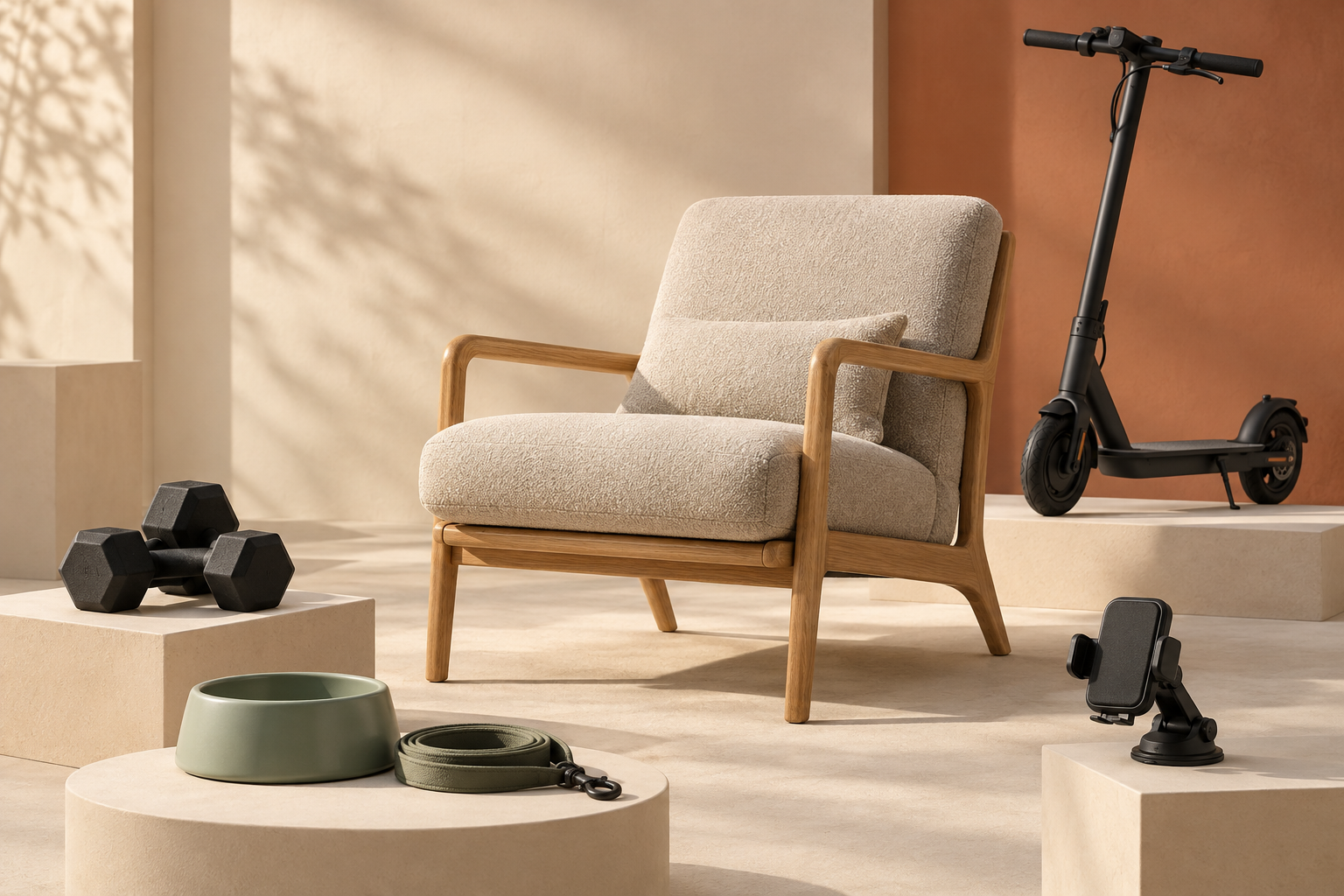 Illustrative studio collection of a lounge chair, electric scooter, pet bowl, dumbbells and car phone holder